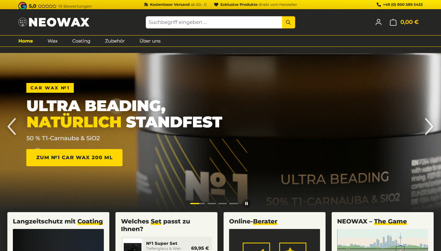 Startseite von neowax.com mit 3D-Video von NEOWAX №1 im Hero-Slider